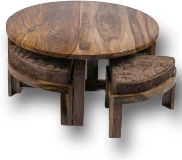 manzees Premium Wood Round Coffee Table with 4 Cushion Stools Solid Centre Table Solid Wood Coffee Table