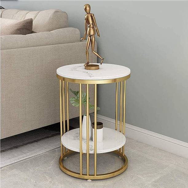 Alenz Round Side Table Gold Metal Frame, 2 Tier Coffee Table For Living Room Bedroom Engineered Wood Coffee Table
