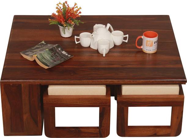 rf royal finish Dehran 4 Stool With Cushions, Sheesham Wood, Natural Colour,Matte Finished Solid Wood Coffee Table