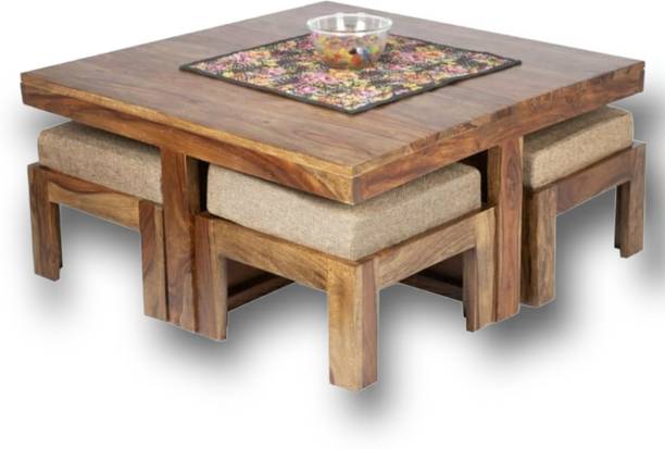 manzees Premium Wood Square Center Table with 4 Cushion Stools Solid Coffee Table Solid Wood Coffee Table