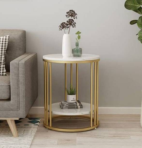 ALM SHOPPEE Luxury Side Table for Living Room Round End Table Marble Finish Top Gold Metal Metal Side Table