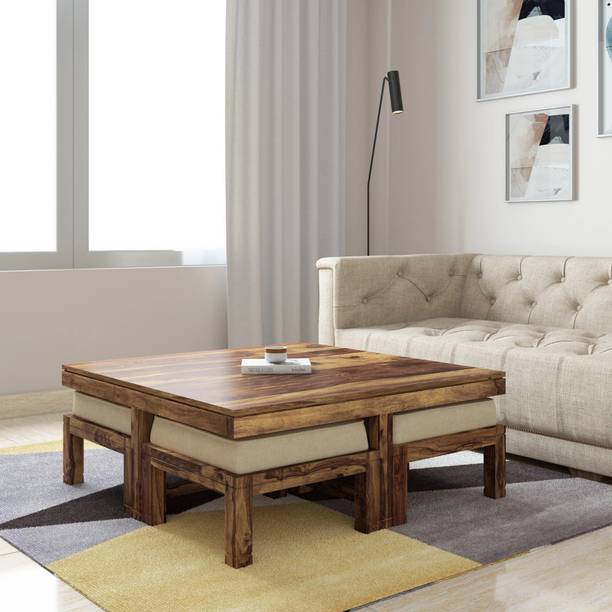 Mamata Wood Decor Solid wood coffee table in pure sheesham with 4 Stool | Center Table | Tea table Solid Wood Coffee Table