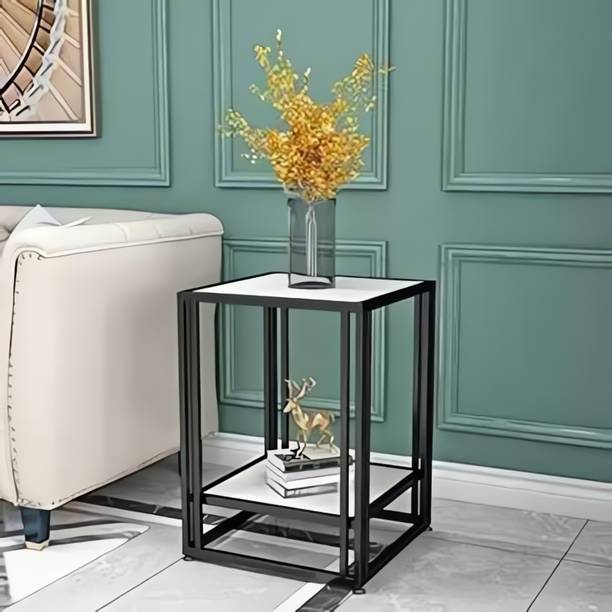 A K ENTERPRISES Black White Square End Table with Storage Shelves Metal-Framed Side Table Engineered Wood Coffee Table