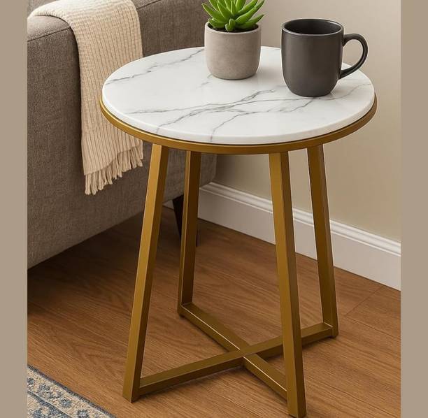 Vuhome Round Side Table with Faux Marble MDF Top for Home decor furniture Engineered Wood Coffee Table