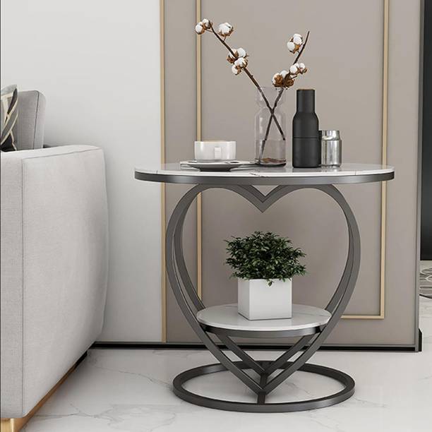 The Flourish Marble Finish Round Coffee Table with Metal Frame & Storage Shelf | Center Table Engineered Wood Coffee Table