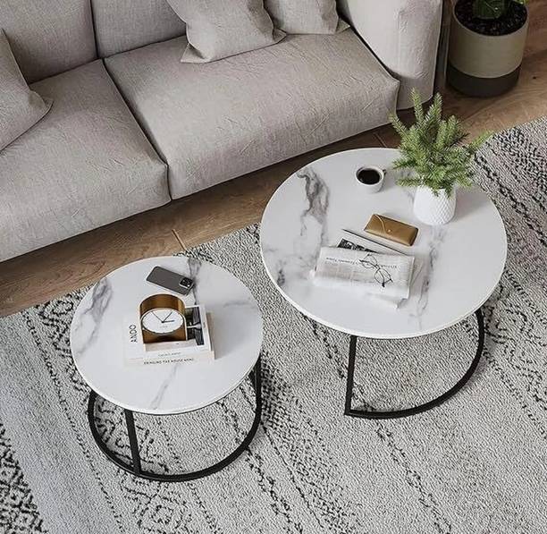 Vuhome Round Coffee table Set of 2 with marble MDF Top & black frame for living room Engineered Wood Coffee Table