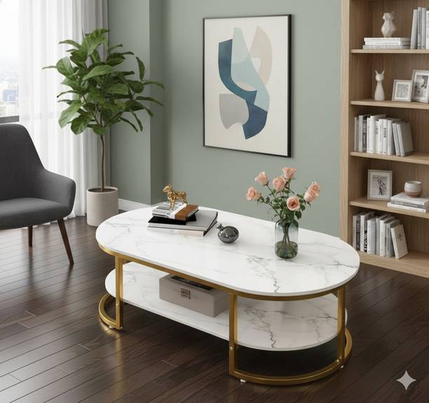 CROWN ART SHOPPEE Luxury Modernist Oval Marble-Finish Coffee Table Engineered Wood Coffee Table