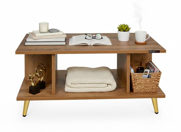 Urbanovia Wooden Centre Table with Shelf Storage and Golden Metal Legs Engineered Wood Coffee Table