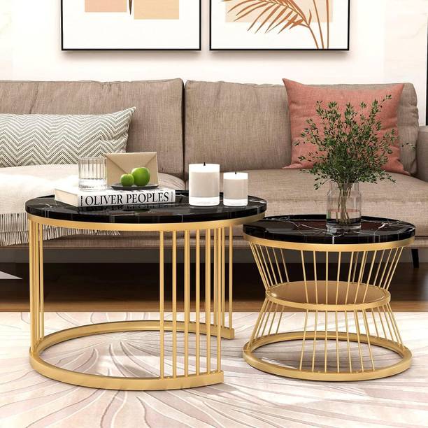 FlipsShoppee Metal Coffee Tables Set of 2 with Marble Finish Top for Living Room Engineered Wood Coffee Table