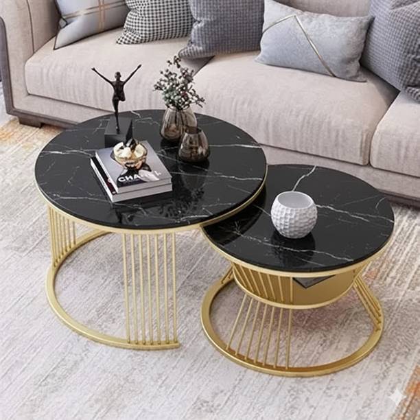 Mysoor art handicrafts Coffee Table Set with White Marble Top and Gold Metal Frame Engineered Wood Coffee Table