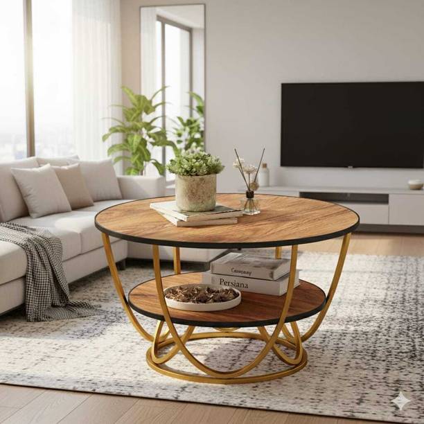 Artisanvibes Luxury Round Coffee Table with Marble Finish Top & Golden Metal Frame – 2-Tier Engineered Wood Coffee Table