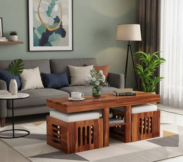 Bhagwati Art Sheesham Wood Indo-Japanese Coffee Table With Stools For Living Room | Hotel | Solid Wood Coffee Table