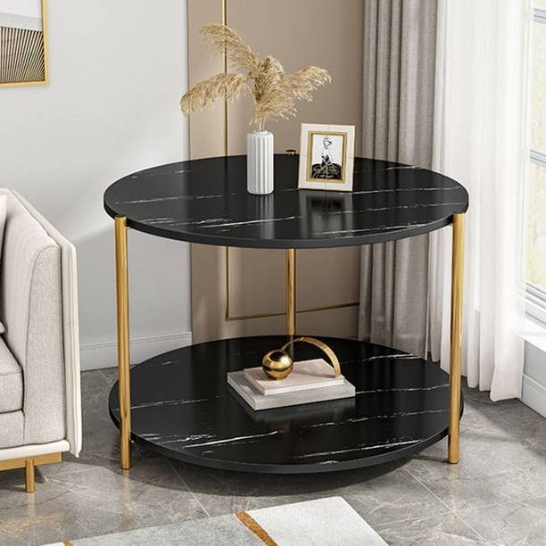 Virah 2-Tier Round Coffee Table with Marble Look Top|Gold Metal Frame|Accent Table. Solid Wood Coffee Table