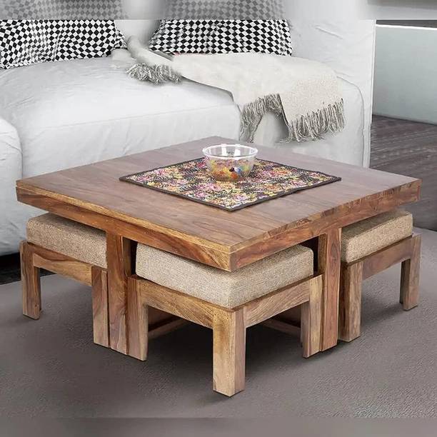 Douceur Furnitures Solid Sheesham Wood Coffee Table With 4 Stools For Living Room / Cafe Solid Wood Coffee Table
