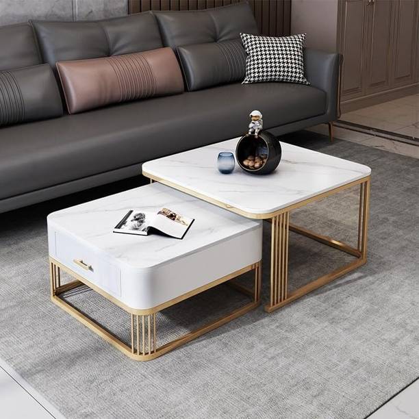 UWICRAFTS Handmade with Drawer Square Coffee Table/Stacking Center Table with Marble Look Engineered Wood Coffee Table