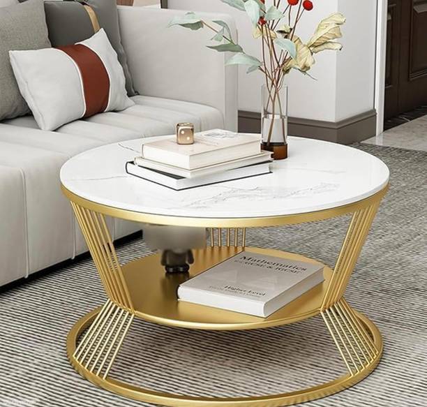 WOODSY Modern Marble & Gold Coffee Table | Circular 2-Layer Living Room Side Table Engineered Wood Coffee Table