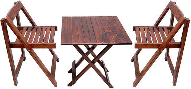 WayWood Solid Sheesham Wood Square Coffee Tea Table Set with 2 Folding Chairs Solid Wood Coffee Table