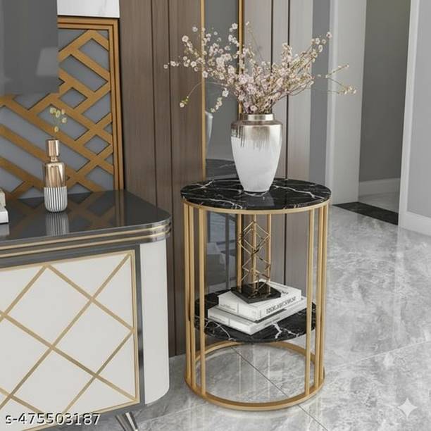 Mysoor art handicrafts Modern Round Side Table | Gold Metal Frame with Marble Finish Top | End Table Engineered Wood Side Table
