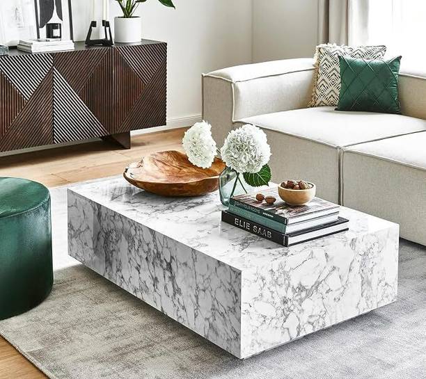 Radha Impex Modern Furniture White Marble Finish Look Wood Coffee Table For Living Room Engineered Wood Coffee Table