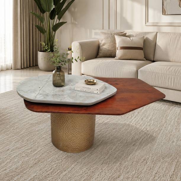 THE ATTIC The Attic Dotsy Coffee Table, Rovolving marble top, Gold & Tobacco Finish Solid Wood Coffee Table