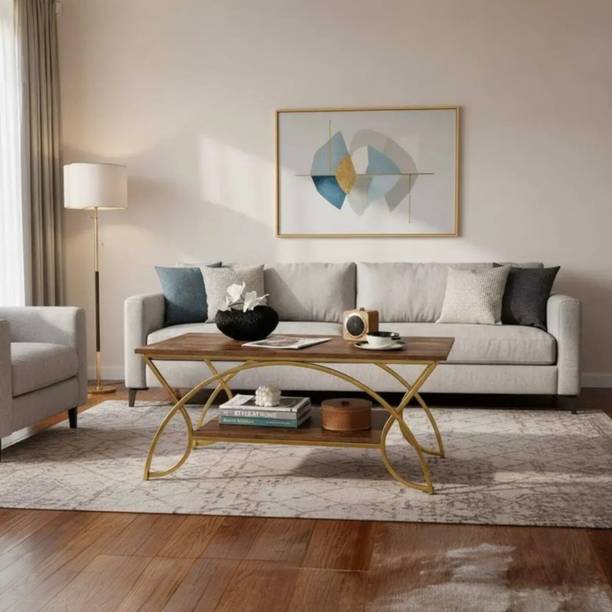 Artisanvibes Modern Coffee Table with Storage Shelf | Gold Metal Frame Engineered Wood Coffee Table