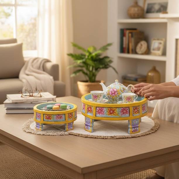 preet gallery Hand-Painted Round Teak Wood Decorative Set with Floral Design Solid Wood Coffee Table