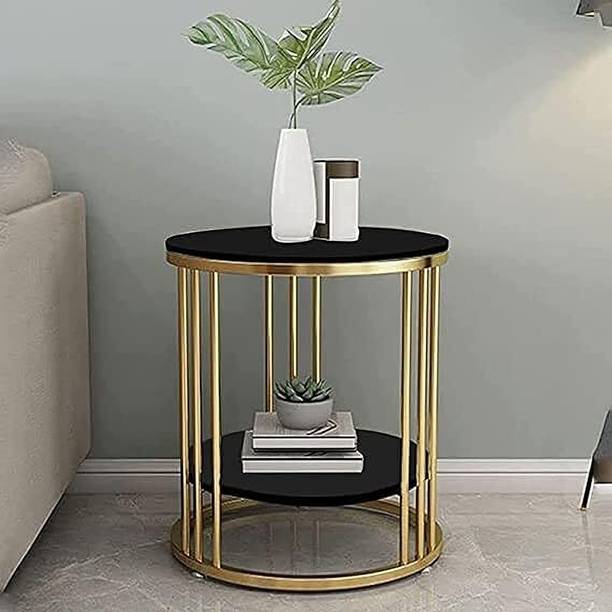 Mysoorarthandicraft Premium Gold Metal Side Table with Black Marble Top | 2 Tier Round Bedside Table Engineered Wood Coffee Table