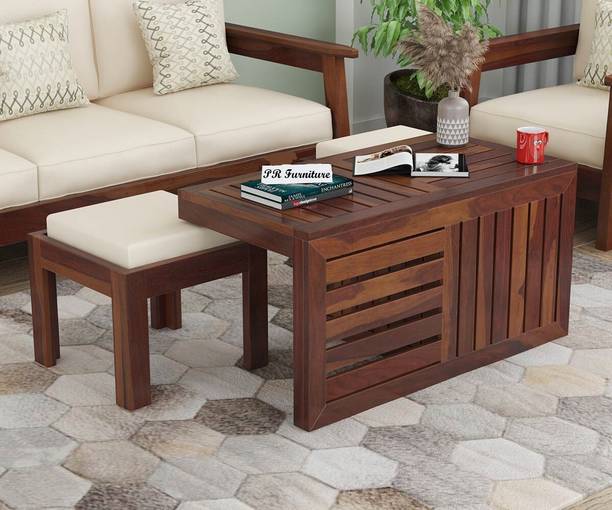PR FURNITURE Solid Sheesham Wood Coffee Table With Two Stools For Living Room/ Café || Solid Wood Coffee Table