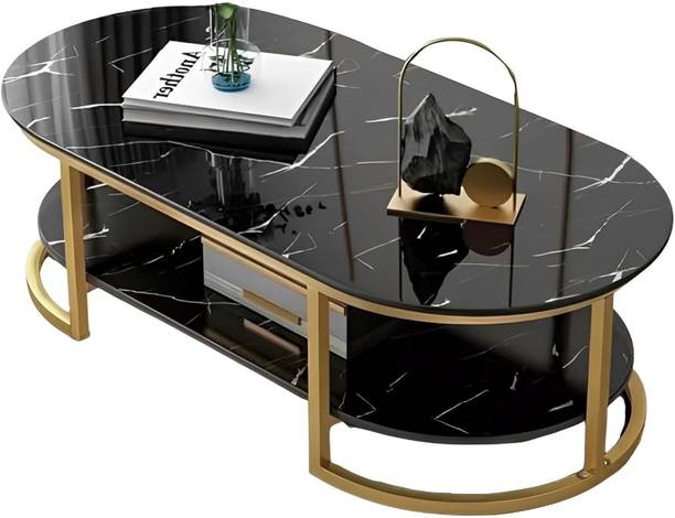 CROWN ART SHOPPEE Luxury Modernist Oval Marble-Finish Coffee Table Engineered Wood Coffee Table