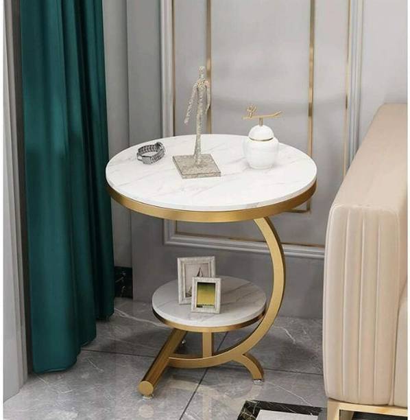 MartDecor Round Marble Top Side Table with Gold Wrought Iron Frame & Storage 16x20 Inch Engineered Wood Coffee Table