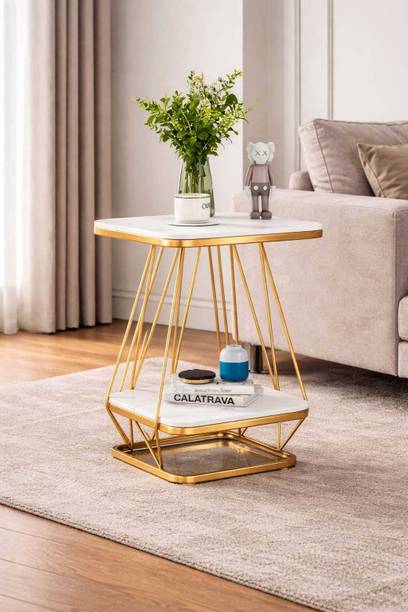 HandicraftAtoZ Square 2-Tier Side Table with Marble Top - Gold Geometric Metal Frame End Table Engineered Wood Coffee Table