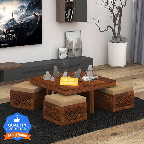 Douceur Furnitures Solid Sheesham Wood Coffee Table With 4 Stools For Living Room / Cafe / Office. Solid Wood Coffee Table