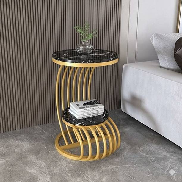 Mysoorarthandicraft Gold Metal Side Table | Round End Table | Marble | Finish Bedroom Engineered Wood Coffee Table