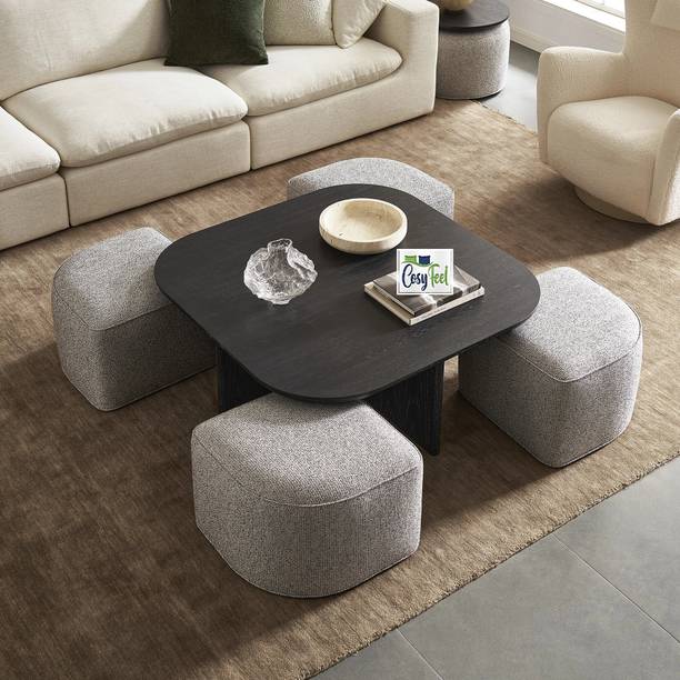 Cosyfeel Solid Wood Coffee Table with 4 Stool/Walnut finish Coffee Table(Grey Fabric) Solid Wood Coffee Table