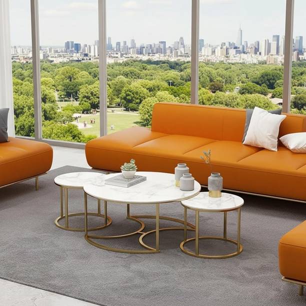 KILEX Round Metal Table with a Marble Design Wood Top Metal Coffee Table Engineered Wood Coffee Table