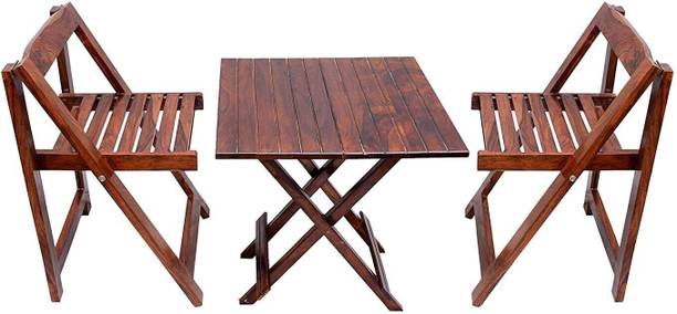 WayWood Solid Sheesham Wood Square Coffee Tea Table Set with 2 Folding Chairs Solid Wood Coffee Table