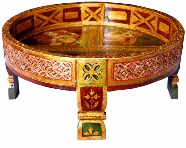 preet gallery Hand-Painted Wooden Round Bajot Low Table, Gold, Red & Green Solid Wood Coffee Table