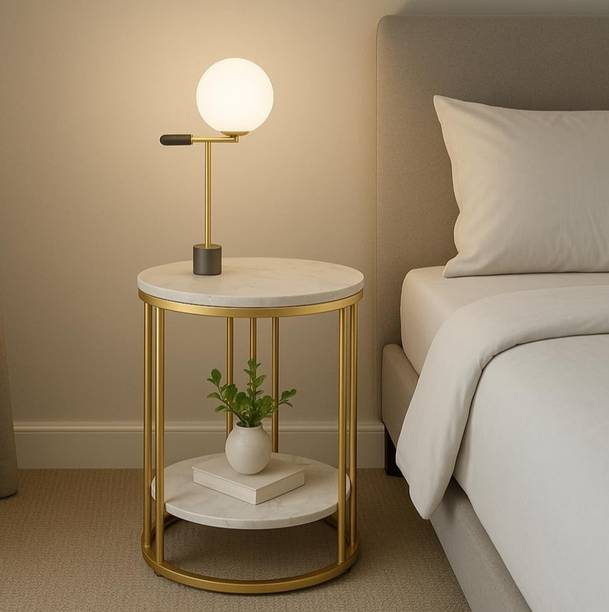 Vuhome Round Coffee Table with Marble MDF Top, Gold Metal Frame 2-Tier for Living Room Engineered Wood Coffee Table