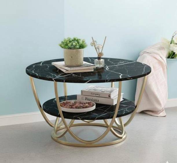 woodsy shoppe Luxury Black Faux Marble Center Table - Circular Gold Base with Storage Shelf Engineered Wood Coffee Table