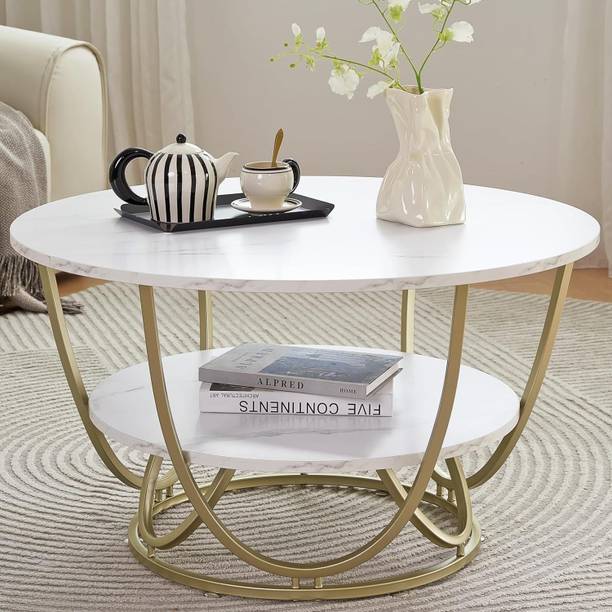 zircon collection Elegant Round Marble Coffee Table with Golden Metal Base Engineered Wood Coffee Table