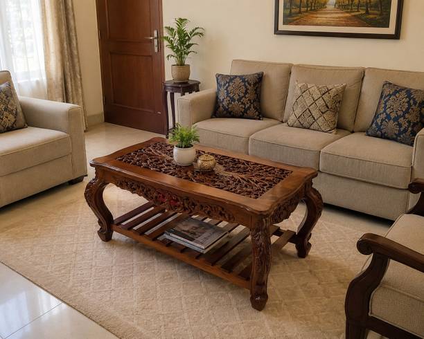 ALFA ENTERPRISES Royal Crest Carved Living Room Center Table with Floral Design, Elegant Curves Solid Wood Coffee Table