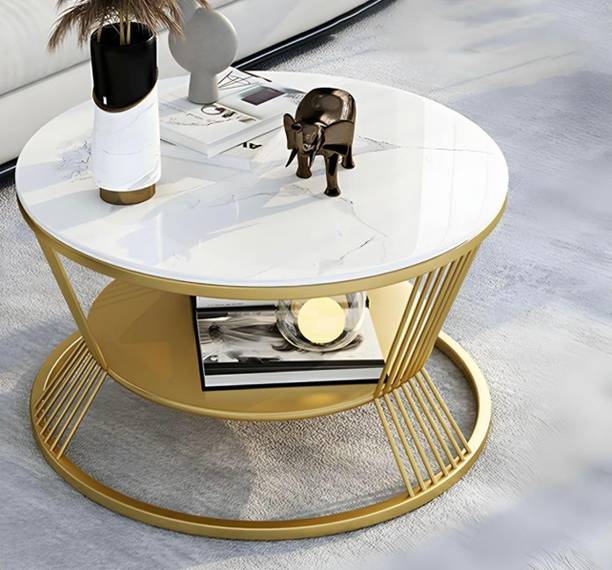 WOODSY Nordic Marble & Gold Coffee Table - Circular 2-Layer Living Room Center Table Engineered Wood Coffee Table