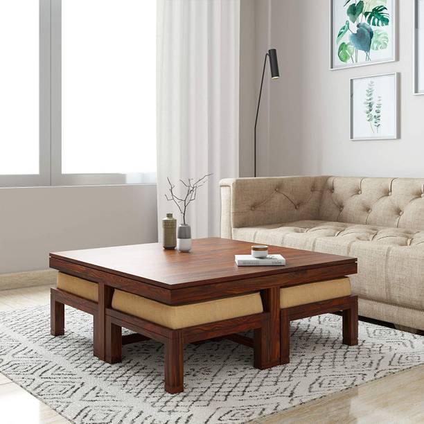 WayWood Solid Sheesham Wood Center Coffee Table Set with 4 Stools Solid Wood Coffee Table
