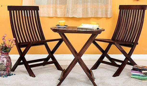 WayWood Solid Sheesham Wood Square Coffee Tea Table Set with 2 Folding Chairs Solid Wood Coffee Table