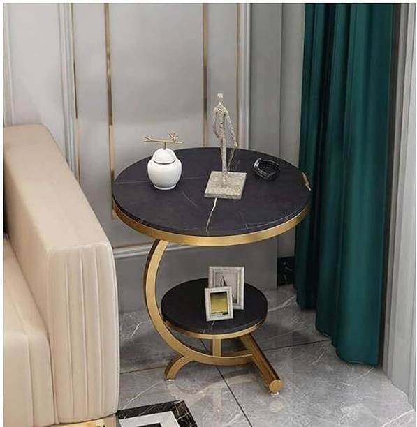 ALM SHOPPEE Modern Round Tea Coffee Table with 2-Tier Storage Marble Finish Metal Side Table