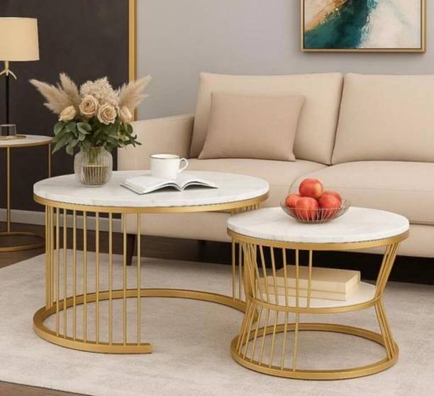 WOODSY Luxury Marble Finish Nesting Table Set - Round Gold Metal Coffee Table 2pc Engineered Wood Coffee Table