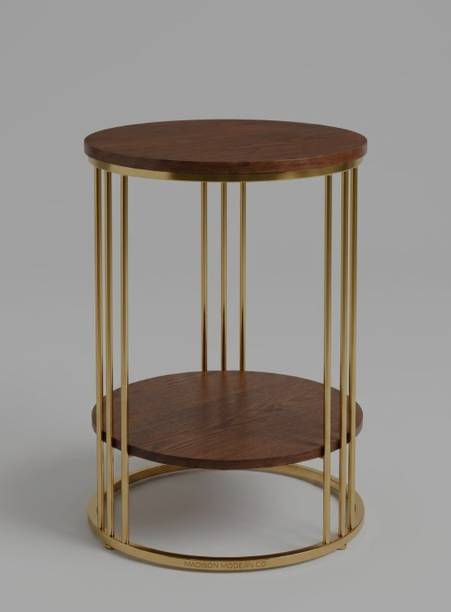 MEHAK WOODCRAFT Modern Luxe Round Side Table with Walnut Finish Top & Gold Metal Frame Engineered Wood Coffee Table