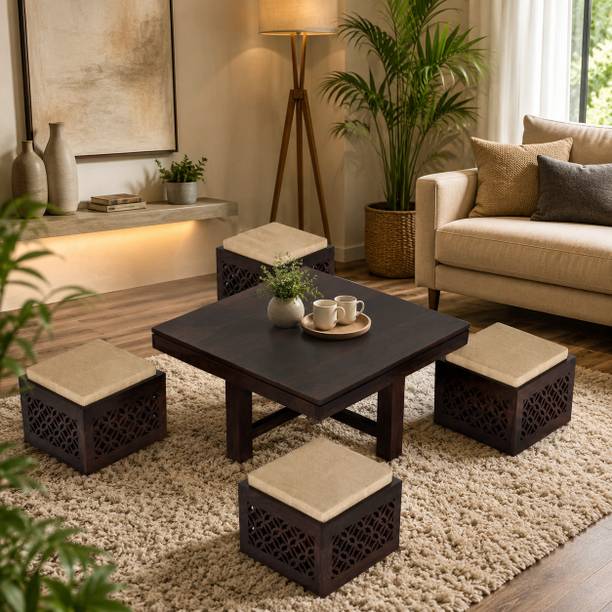 Rama Woodcraft Sheesham Wood Coffee Table and 4 Stools Furniture for Living, Solid Wood Coffee Table