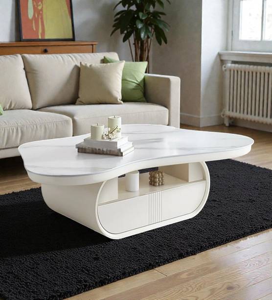 Tanush Furnitures Modern Wood Coffee Table with Curvilinear Pedestal Base and Hidden Drawer Engineered Wood Coffee Table
