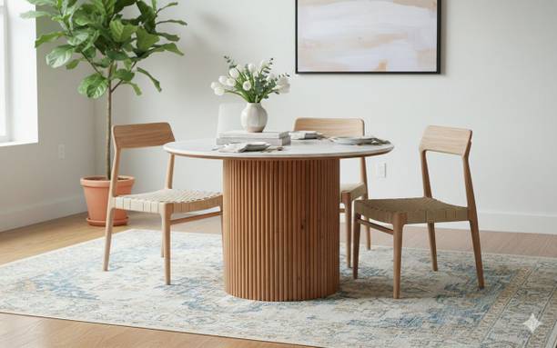 Tanush Furnitures Round Marble Finish Wooden Dining Table with Fluted Pedestal Base Engineered Wood Coffee Table